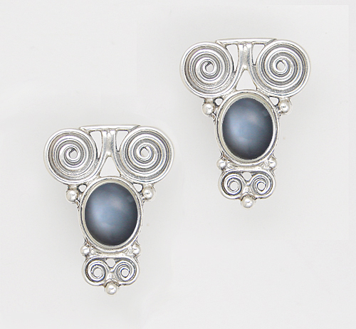 Sterling Silver And Grey Moonstone Drop Dangle Earrings With an Art Deco Inspired Style